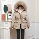 New Winter Women Thick Warm Large Real Fur Hooded Down Jacket 90% White Duck Down Coat Waist Retractable Parker