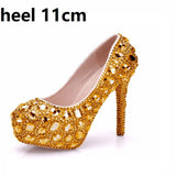 Queen Women Rhinestone Wedding Shoes High Heel Platform Event Handmade Cinderella Pumps Big