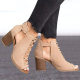 Women Square Heel Sandals Peep Toe Hollow Out Chunky Gladiator Sandals with Strap Black Spring Summer Shoes