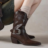 Breakj Wind Short Boots Women's Spring And Autumn Single Boots 2024 New Thick Heel High Heel Pointed Knight Boots Retro Western Cowboy