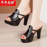 Fishmouth Slippers Women's Summer 2023 New Style High-Heeled Flip-Flops Large Size Muffin Thick-Soled Water Drill
