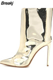 Women Stiletto Patent Leather Demonia Boots Pointed Toe Thin High Heels Shoes Ladies Metal Golden Ankle Boots For Women