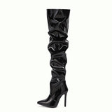 Quality Pleated Patent Leather Motorcycle Over The Knee Boots Women Fashion Pointed Toe Zip Thigh High Lady