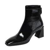 Breakj Zi Yan Paint Leather Martin Boots Women's High Heel 2023 Autumn And Winter New Square Head Thick Heel Single Boots Show Thin Short Leg