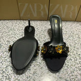 Breakj Home 2025 New Cow Skin Flowers Exposed Toe And Cool Slippers Outside Wearing High Heels Sandals