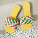 Mix Color Woven Summer Slippers Women 2023 New Square Toe Flat Sandals Woman Plus Size Non Slip Beach Slides Flip