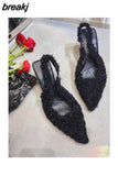 Toe Slingback Sandals Women High Heels Shoes Shallow Slip On Fur Design 2023 New Spring Ladies Pumps Party Wedding
