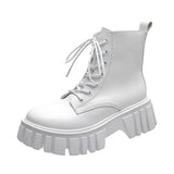2023 New Women White Ankle Boots PU Leather Thick Sole Lace Up Combat Booties Female Autumn Winter Platform Shoes