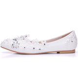 Queen Women Flats Handmade Wedding Shoes Pearl Rhinestone Beaded Anklet Lace White