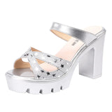 Summer New Style Wearing High-Heeled Sandals, Women's Thick-Soled Waterproof Table, Thick Heels, Fish Mouth, Large Size Silver Sequined