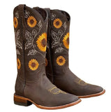Women's Embroidered Boots Printed Glitter Western Cowgirl Boots Retro Toe Mid Calf Chunky Heel Boots Roman Style Botas