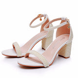 Breakj Cm Thick Heel And Light Mouth With Sandals Round Head Square Sandals White Pearl Wedding Shoes Size 44 Yards 45