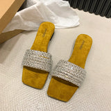 Women's Rhinestone Flat Slide Sandals, Glitter Square Open Toe Non Slip Shoes, Outdoor Beach
