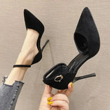 Spring and Summer New Black High-heeled Sandals French Girl Pointed Toe Stiletto Buckle All-match Women's Single