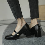 New Fashion Women Shoes Square Toe Mary Janes Shoes Square Heel Dress Shoes Pearl Buckle Pumps High Heels Office Shoe