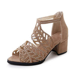 Spring And Summer Korean Version Of The Heel Fish Mouth Hollow Sandals Women Zipper Thick Heel Rhinestone Women's Shoes Plus