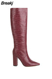 Women High Knee Boots Elegant Crocodile Print Microfiber Long Boots Women Pointed Toe Chunky Heel Party Shoes Thick Bottom