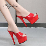 Women Shoes High Heels 2023 New Slippers Stripper Thick Bottom Platform Patent Leather Open Toe Bling Plus Size 43 Party