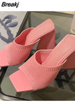 New Summer Triangle Thick Heel Slippers Women Sexy Square Toe Dress Party Shoes High Heels Knitting Pumps Size