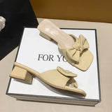 Plus Size 42 Green Bowknot Slippers Women Comfortable Low Heels Square Toe Slides Woman 2023 Summer Square Heels