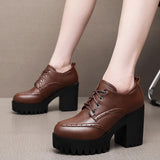 Breakj Brown Bullock Women's Shoes With English Carved Small Leather Shoes Thick Heel High Heel Waterproof Table Round Head Deep Mouth Single