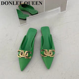 Spring Mule Slipper Women Flat Slide Brand Metal Buckle Slip on Casual Flip Flop Pointed Toe Crossover Sandal Big Size