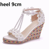 Queen Women Wedge Sandals White Lace Flowers Tassel Bridal Fine High Heels Open Toe Summer Wedding
