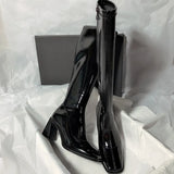Winter New Black High Knee Length Elastic Boots Women's Lacquer Leather Side Zipper High Heels Elegant Versatile