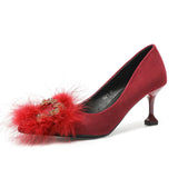 French Girl High-Heeled Shoes Female Autumn And Winter Pointed Hair Shoes Temperament Socialite Apricot And Velvet Belt Hair