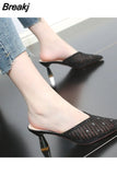 Summer Elegant Women Fashion Slipper Pointed Toe Half Slippers Women's Stiletto Mid Heel Mesh Comfortable