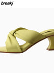 Size 34-40 Women Sandals Genuine Leather High Heels Summer Mules Shoes For Women Open Toe Bow Party Slippers