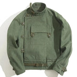 Green Retro Jacket Misplaced Oblique Buckle Swedish Motorcycle Men's Jacket AMEKAJI Cotton Washed XXXL