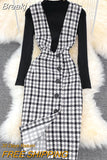 Fashion Women 2 Piece Set Autumn Winter Long Sleeve Pullover Sweater Top + Plaid Tweed Pencil Dress Suits Elegant