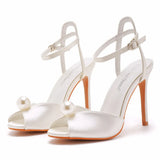 Breakj Mouth High Heel Sandals 10 Cm White Satin Cloth High Heel Women's Shoes Wedding Dress Wedding Dress Bridal