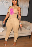 Solid Women Skinny Two Piece Sets Spring Bodycon Tracksuits Dollar Print Top And Leggings Pants 2pcs Outfits 2023