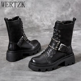 Buckle Rivet Motorcycle Boots Women PU Leather Chunky Heels Military Combat Biker Punk Rock Gothic Boots