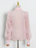Casual Solid Shirt For Women Lapel Long Sleeve Patchwork Feathers Button Through Blouse Female Fashion Clothing