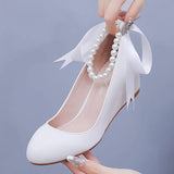 Breakj Cm White Beads Thick Bottom Heels Mary Jane's Shallow Mouth Single Shoe Ribbon Thin Wedding Dress High