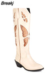 Big Size 34-43 Women Knee High Boots Cowboy Autumn Thick High Heels Pointed Toe Retro Butterfly Long Boots Shoes