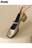Mary Jane's Shoes Women Pumps Spring Autumn Medium Heel Thick Square Toe Loafers Button Shallow Gold Sliver Women