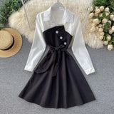 Women Casual Shirt Dress Spring Autumn Turn-down Collar Patchwork Button A-line Dress Sweet Female