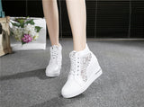 Women Wedge Platform Sneakers Rubber Brogue Leather High heels Lace Up Shoes Pointed Toe Height Increasing Creepers White