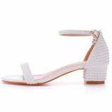 Queen High Heels White Pearls Wedding Sandals Bride Blockl Open Toe Prom Evening Formal Party Dress