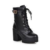 Breakj Autumn And Winter Short Boots Pu Korean Version Of The Round Head Waterproof Table High Coarse Tying Buckle Lady Large Size Short