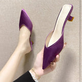 Half Support Shoes Women 2023 Summer New Large Size Tip Thin Heel Shallow Cloth Mueller Shoes Middle Heel