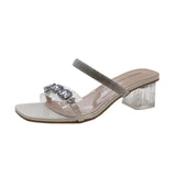 Word Rhinestone Transparent Cool Slippers Female Summer Outside Wear 2024 New Temperament Fairy High Heels Square Head Thick Heel