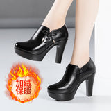 Head, Thick Heels, Deep Mouth Single Shoes Women 2023 Autumn And Winter Thick-Soled Waterproof Platform Plush Thickened Models Catwalk High Heels