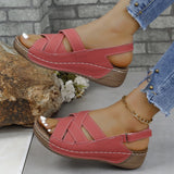 Breakj Summer New Slope With Magic Sticky Fish Mouth Roman Sandals Women Large-Size Thick-Soled Sandals