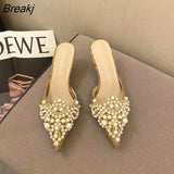 Fashion Sexy Women Shoes Elegant String Bead Crystal Patchwork Slip-On Thin Heels Slipper NEW