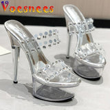 Show Chain Slippers Transparent Peep Toe Pole Dancing Sandals Platform Super Thin High Heels Nightclub Party Women